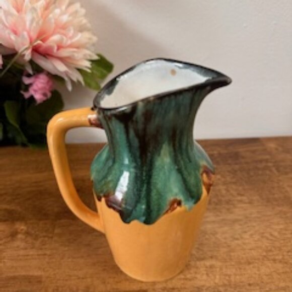 Vintage Drip Glaze Pottery Pitcher Green Brown and Mustard Yellow Art Pottery Ju - Picture 2 of 8